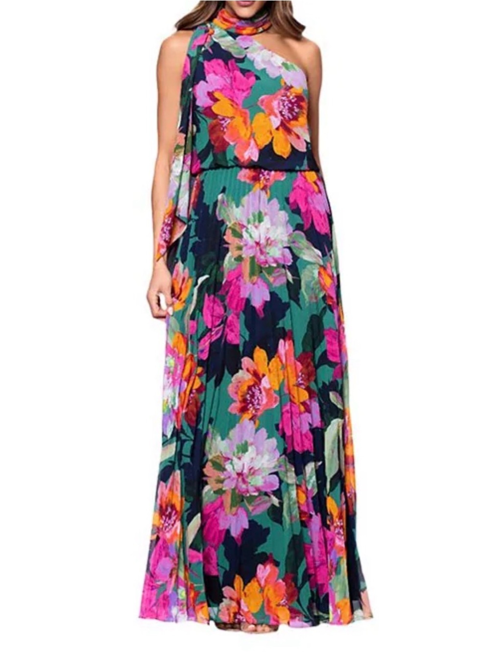 Xscape Pleated Chiffon Floral Print Halter Neck Scarf Sleeveless Blouson Maxi